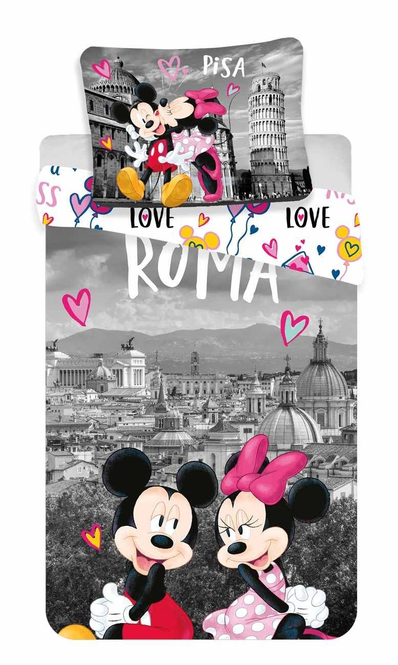 Dětské bavlněné povlečení Mickey a Minnie v Římě na šedém pozadí, Jerry Fabrics
