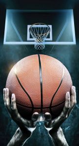 Bavlněná osuška s moderním motivem basketbalu v tmavém pozadí, | rozměr 70x140 cm.